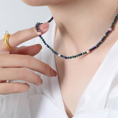 Retro Style Lapis Lazuli Colored Freshwater Pearl Beaded Necklace Handcrafted detail 4