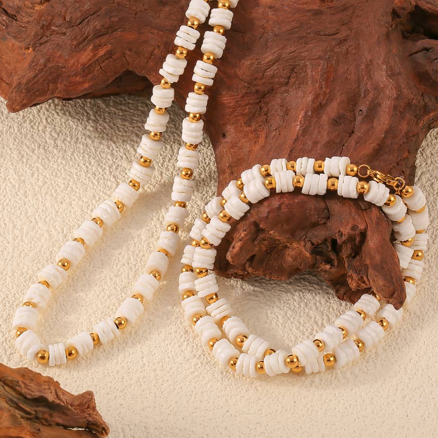 Beaded Necklace Bracelet Set Natural Shell Beads Waterproof Titanium Steel - main