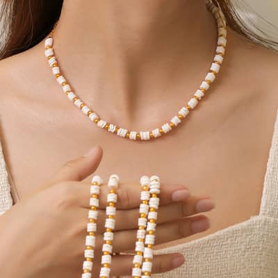 Beaded Necklace Bracelet Set Natural Shell Beads Waterproof Titanium Steel detail 4