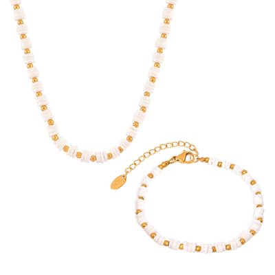 Beaded Necklace Bracelet Set Natural Shell Beads Waterproof Titanium Steel detail 5