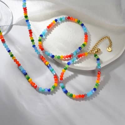 Beaded Necklace Bracelet Set Colorful Stone Beads Stretch Bracelet Waterproof detail 1