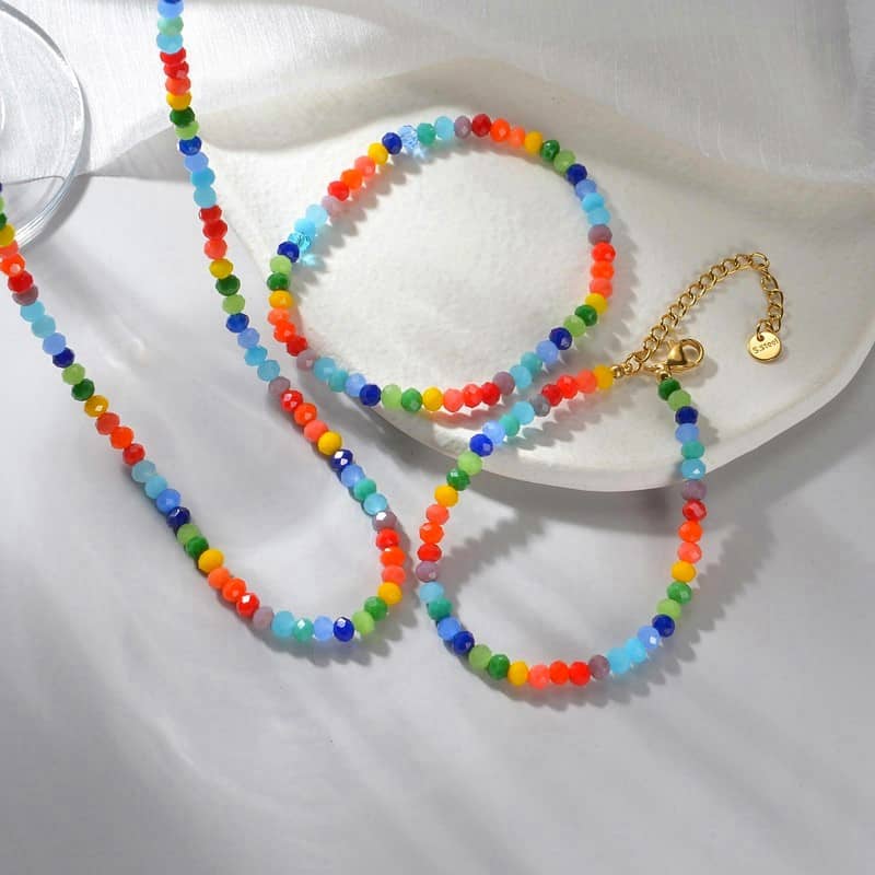 Beaded Necklace Bracelet Set Colorful Stone Beads Stretch Bracelet Waterproof - main
