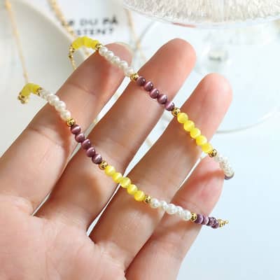 Natural Stone Handmade Beaded Necklace 18K PVD Coated Stainless Steel Pearl detail 2