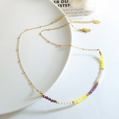Natural Stone Handmade Beaded Necklace 18K PVD Coated Stainless Steel Pearl detail 3
