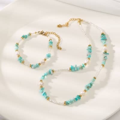 Natural Stone Handmade Beaded Stainless Steel Necklace Pearl detail 1