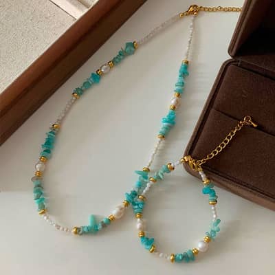 Natural Stone Handmade Beaded Stainless Steel Necklace Pearl detail 2