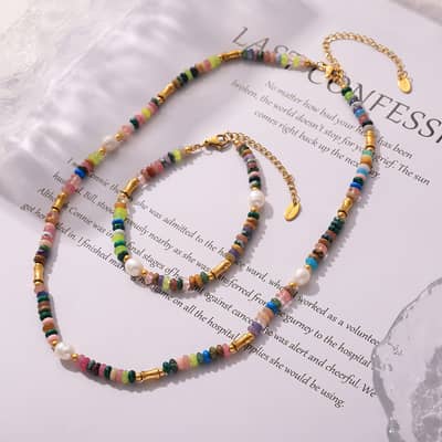 Handmade Jewelry Set Bohemian Style Freshwater Pearl Natural Stone Beads Necklace Bracelet detail 2