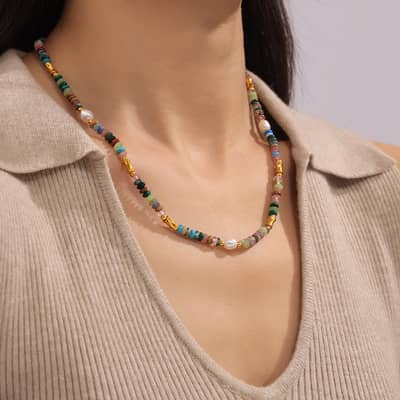 Handmade Jewelry Set Bohemian Style Freshwater Pearl Natural Stone Beads Necklace Bracelet detail 5
