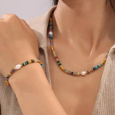 Handmade Jewelry Set Bohemian Style Freshwater Pearl Natural Stone Beads Necklace Bracelet detail 6