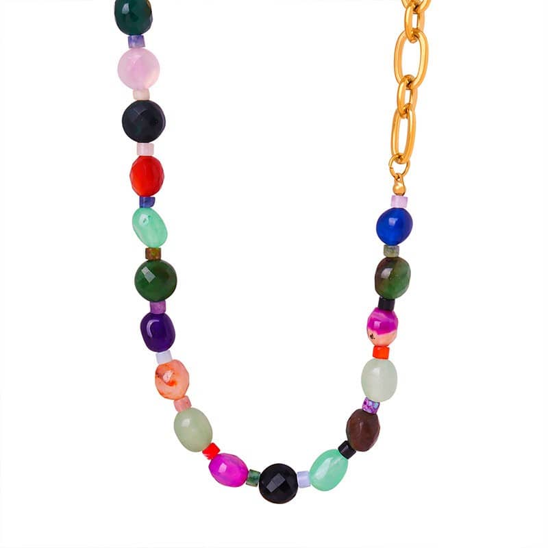 Geometric Natural Stone Stainless Steel Necklace Handmade Beaded 18K PVD Coated - main