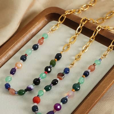 Geometric Natural Stone Stainless Steel Necklace Handmade Beaded 18K PVD Coated detail 2