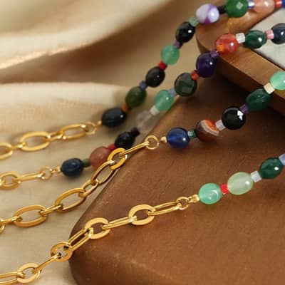 Geometric Natural Stone Stainless Steel Necklace Handmade Beaded 18K PVD Coated detail 3