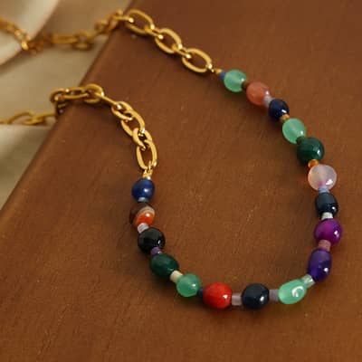 Geometric Natural Stone Stainless Steel Necklace Handmade Beaded 18K PVD Coated detail 4