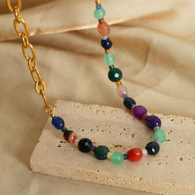 Geometric Natural Stone Stainless Steel Necklace Handmade Beaded 18K PVD Coated detail 5