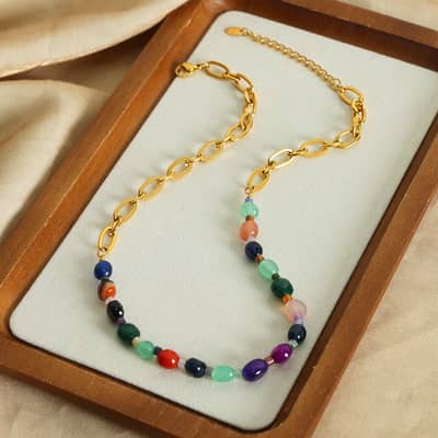 Geometric Natural Stone Stainless Steel Necklace Handmade Beaded 18K PVD Coated detail 6