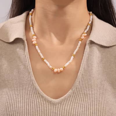 Natural Freshwater Pearl Stainless Steel Necklace Handmade Beaded Natural Stone detail 4