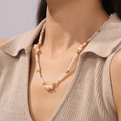 Natural Freshwater Pearl Stainless Steel Necklace Handmade Beaded Natural Stone detail 5