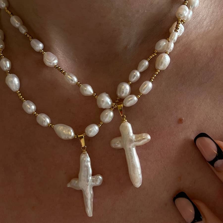 Creative Cross Pearl Necklace Baroque Pearl Stainless Steel Beads Pendant Party Gift - main