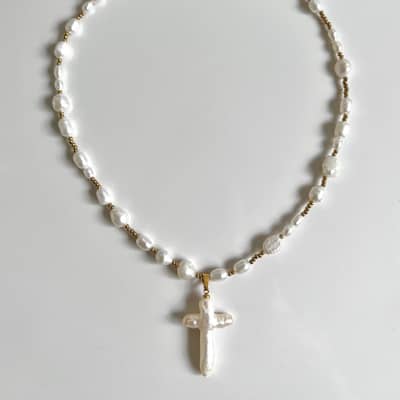 Creative Cross Pearl Necklace Baroque Pearl Stainless Steel Beads Pendant Party Gift detail 2