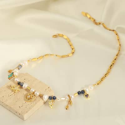Beaded Necklace Waterproof Titanium Steel Freshwater Pearl Heart Charm New Style detail 3