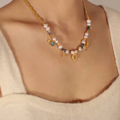Beaded Necklace Waterproof Titanium Steel Freshwater Pearl Heart Charm New Style detail 4