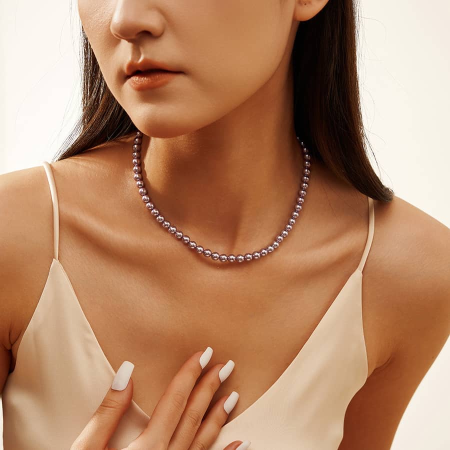 925 Sterling Silver Shell Pearl Necklace 6mm Perfect Round Deep Purple Pearl - main