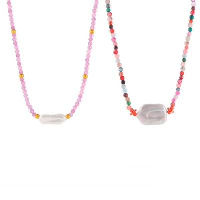 Colorful Natural Stone Stainless Steel Pearl Pendant Necklace Handmade Beads detail 1