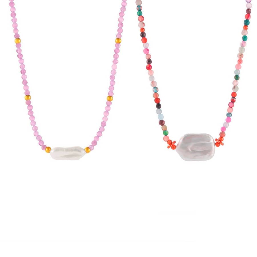 Colorful Natural Stone Stainless Steel Pearl Pendant Necklace Handmade Beads - main