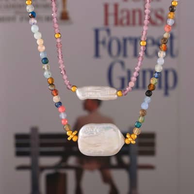 Colorful Natural Stone Stainless Steel Pearl Pendant Necklace Handmade Beads detail 2