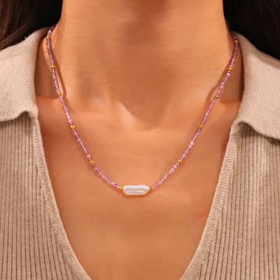 Colorful Natural Stone Stainless Steel Pearl Pendant Necklace Handmade Beads detail 3