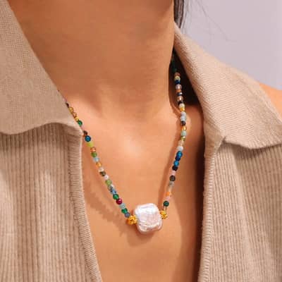 Colorful Natural Stone Stainless Steel Pearl Pendant Necklace Handmade Beads detail 4