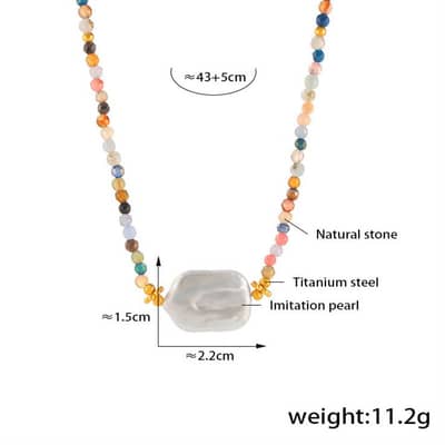 Colorful Natural Stone Stainless Steel Pearl Pendant Necklace Handmade Beads detail 5