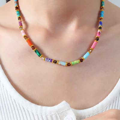 Bohemian Natural Stone Stainless Steel Necklace Colorful Handmade Beaded detail 5