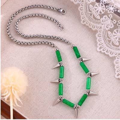 Beaded Necklace Green Natural Stone Waterproof Titanium Steel Freshwater New Style detail 3
