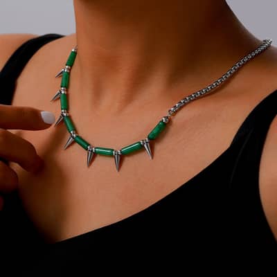 Beaded Necklace Green Natural Stone Waterproof Titanium Steel Freshwater New Style detail 5