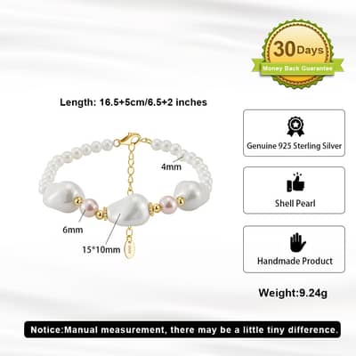 14K Gold Plated Baroque White Pink Natural Freshwater Pearl Bracelet detail 5