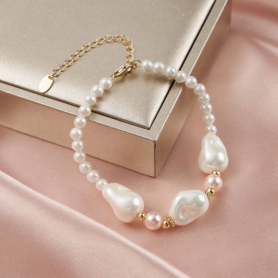 Natural Baroque Freshwater Bracelet Pearls Adjustable Silver 925 Chain, White Pink Pearl - main