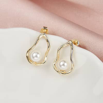 Teardrop Shaped Elegant S925 Sterling Silver Geometric Hollow Round White Pearl Earrings detail 4
