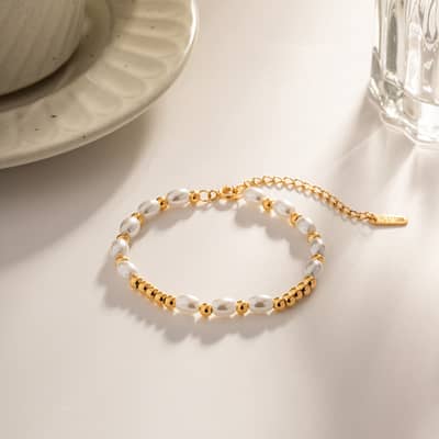 18K Gold Glass Pearl Beads Stainless Steel Bracelet detail 2