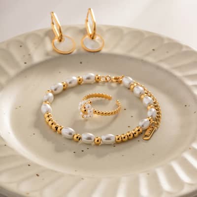 18K Gold Glass Pearl Beads Stainless Steel Bracelet detail 3