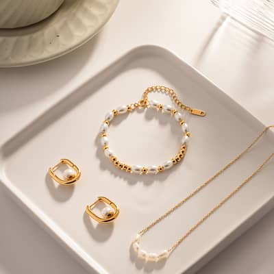 18K Gold Glass Pearl Beads Stainless Steel Bracelet detail 4