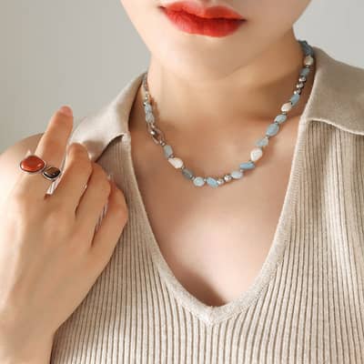 Natural Stone Freshwater Pearl Stainless Steel Necklace Handmade Beaded detail 4