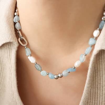 Natural Stone Freshwater Pearl Stainless Steel Necklace Handmade Beaded detail 5