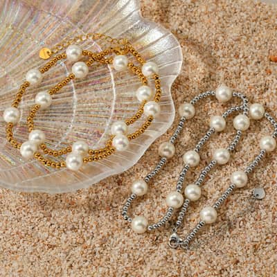 Stainless Steel Beads Necklace Handmade Pearls Waterproof detail 2