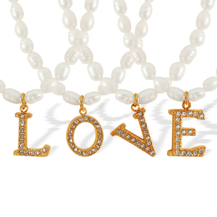 Freshwater Pearl Letter Pendant Necklace Stainless Steel 18K Beaded Zircon Waterproof - main