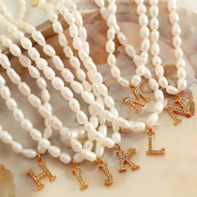 Freshwater Pearl Letter Pendant Necklace Stainless Steel 18K Beaded Zircon Waterproof detail 3