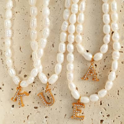 Freshwater Pearl Letter Pendant Necklace Stainless Steel 18K Beaded Zircon Waterproof detail 4