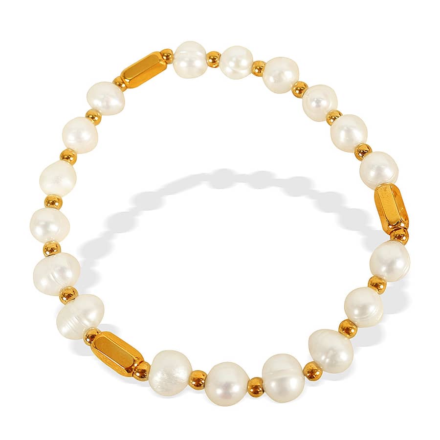 Elegant Freshwater Pearl Beaded Bracelet, 18K PVD Coated Stainless Steel - main