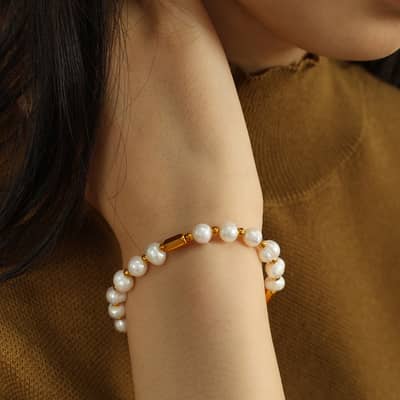 Elegant Freshwater Pearl Beaded Bracelet, 18K PVD Coated Stainless Steel detail 5