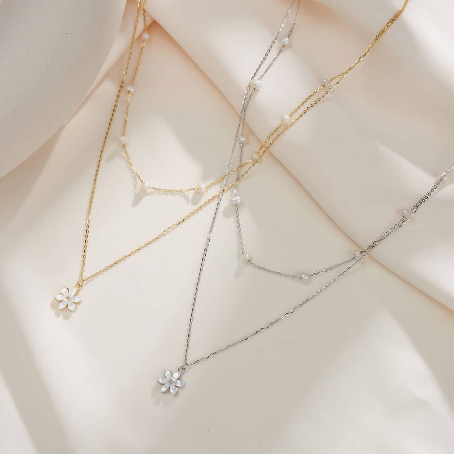 Dainty Pearl Layering Necklace Delicate Minimalist Flower Pendant - main
